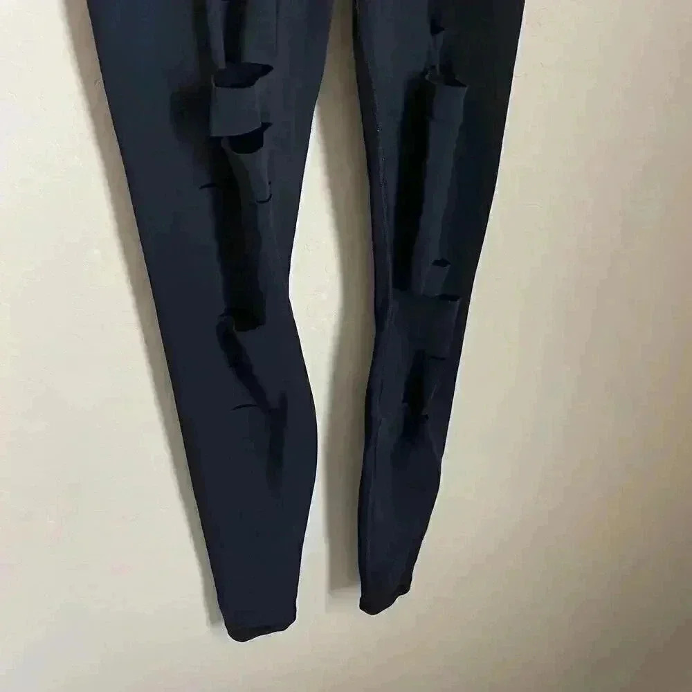 Alo Yoga High Waist Ripped Warrior Leggings Black Laser Cut Distressed Yoga S - Picture 6 of 15